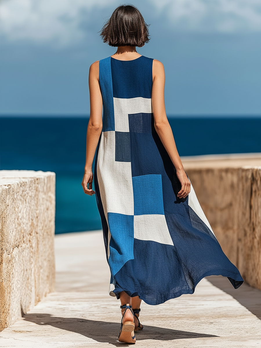 Women's Retro Casual Geometric Print Round Neck Sleeveless Midi Dress