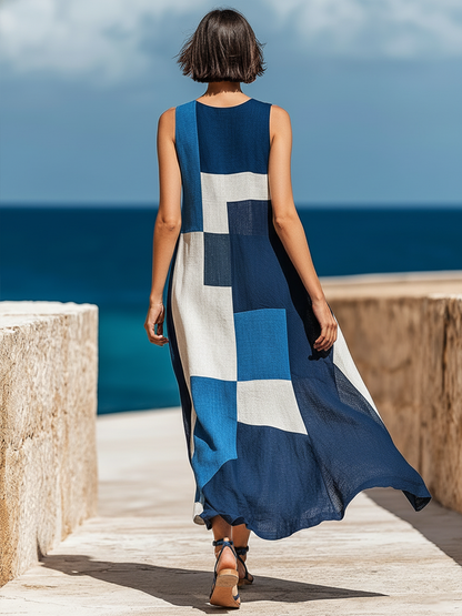 Women's Retro Casual Geometric Print Round Neck Sleeveless Midi Dress