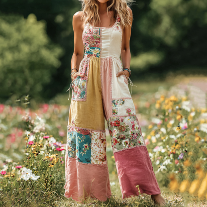 Women's Vintage Floral Patch Art Print Comfy Jumpsuit 4355