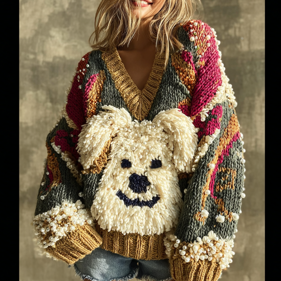Lady Retro Cute Dog Plush Comfortable Knitted Sweater.