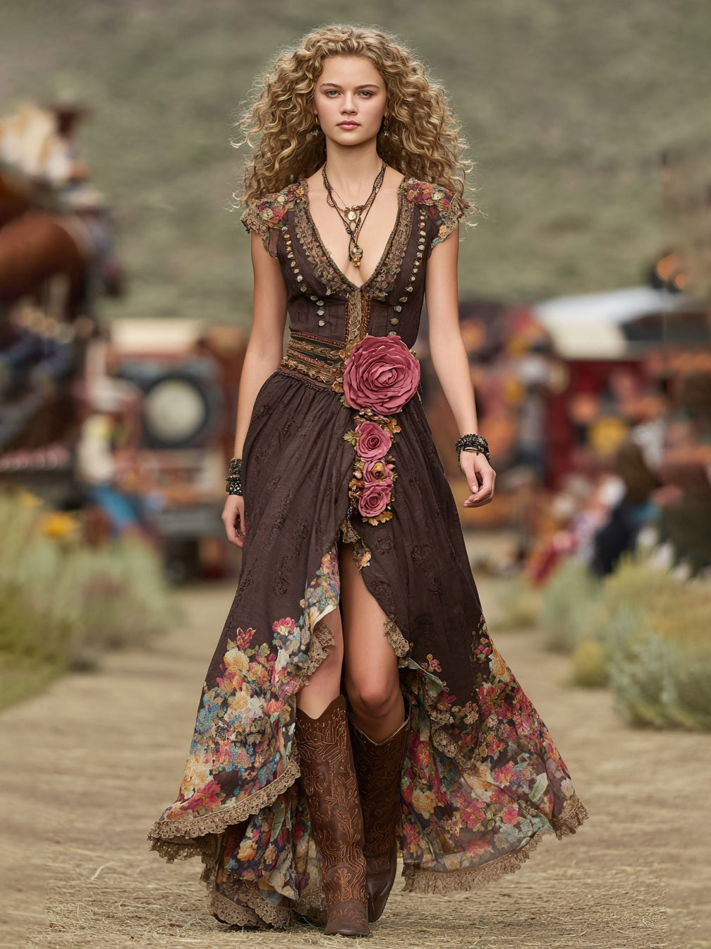 Boho Floral Print Maxi Dress With Embroidered Roses And Asymmetrical Hem In Cotton Blend Fabric