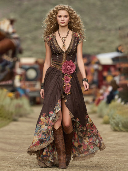 Boho Floral Print Maxi Dress With Embroidered Roses And Asymmetrical Hem In Cotton Blend Fabric