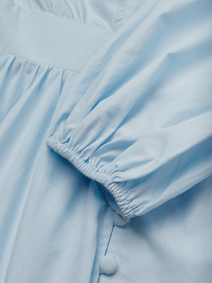 Light Blue Buckle Gathered Cotton V Neck Long Sleeve Balloon Sleeve A-Line Mini Dress