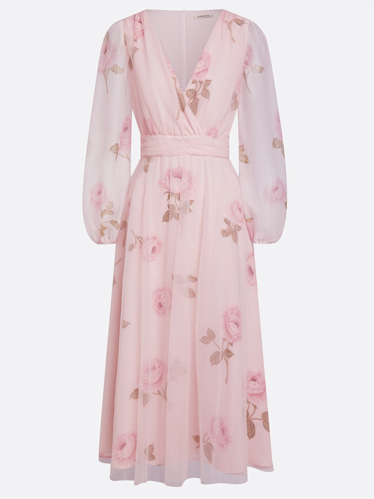 Pink Floral Tulle V Neck Long Sleeve Balloon Sleeve A-Line Midi Dress