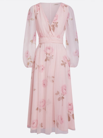 Pink Floral Tulle V Neck Long Sleeve Balloon Sleeve A-Line Midi Dress