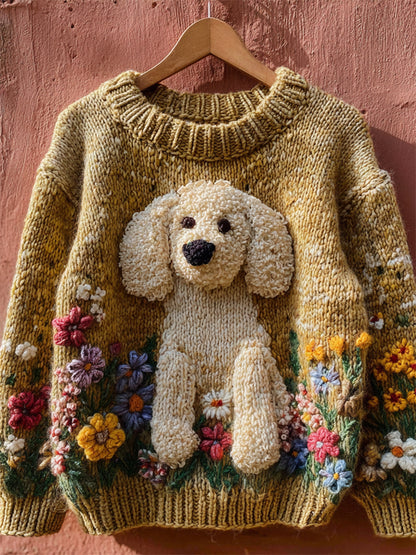 Vintage Fuzzy Dog Floral Crochet Cozy Knit Sweater
