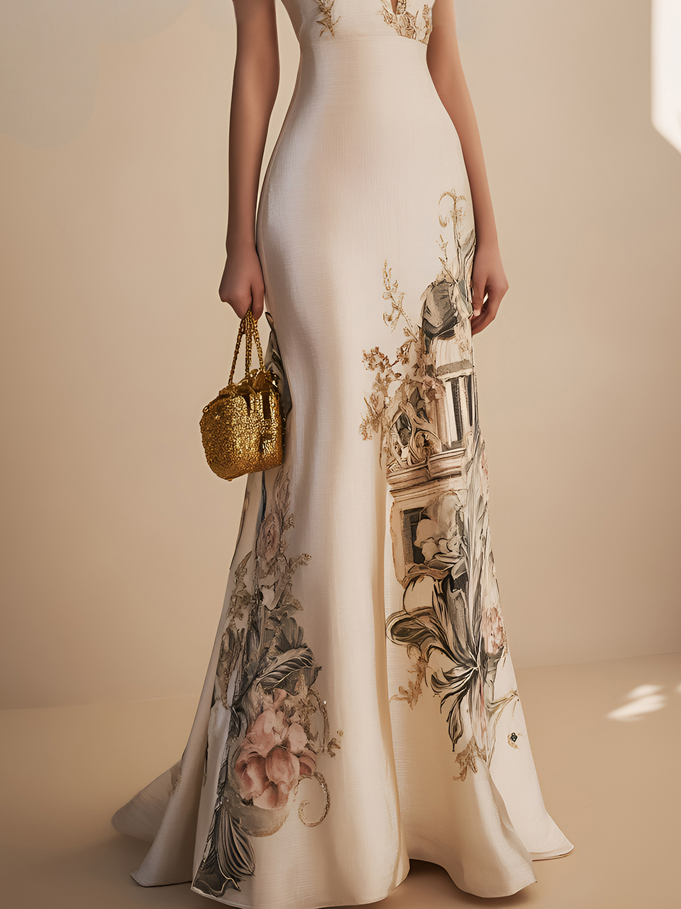 Beige Floral Satin Deep V Neck Short Sleeve Mermaid Gown Dress