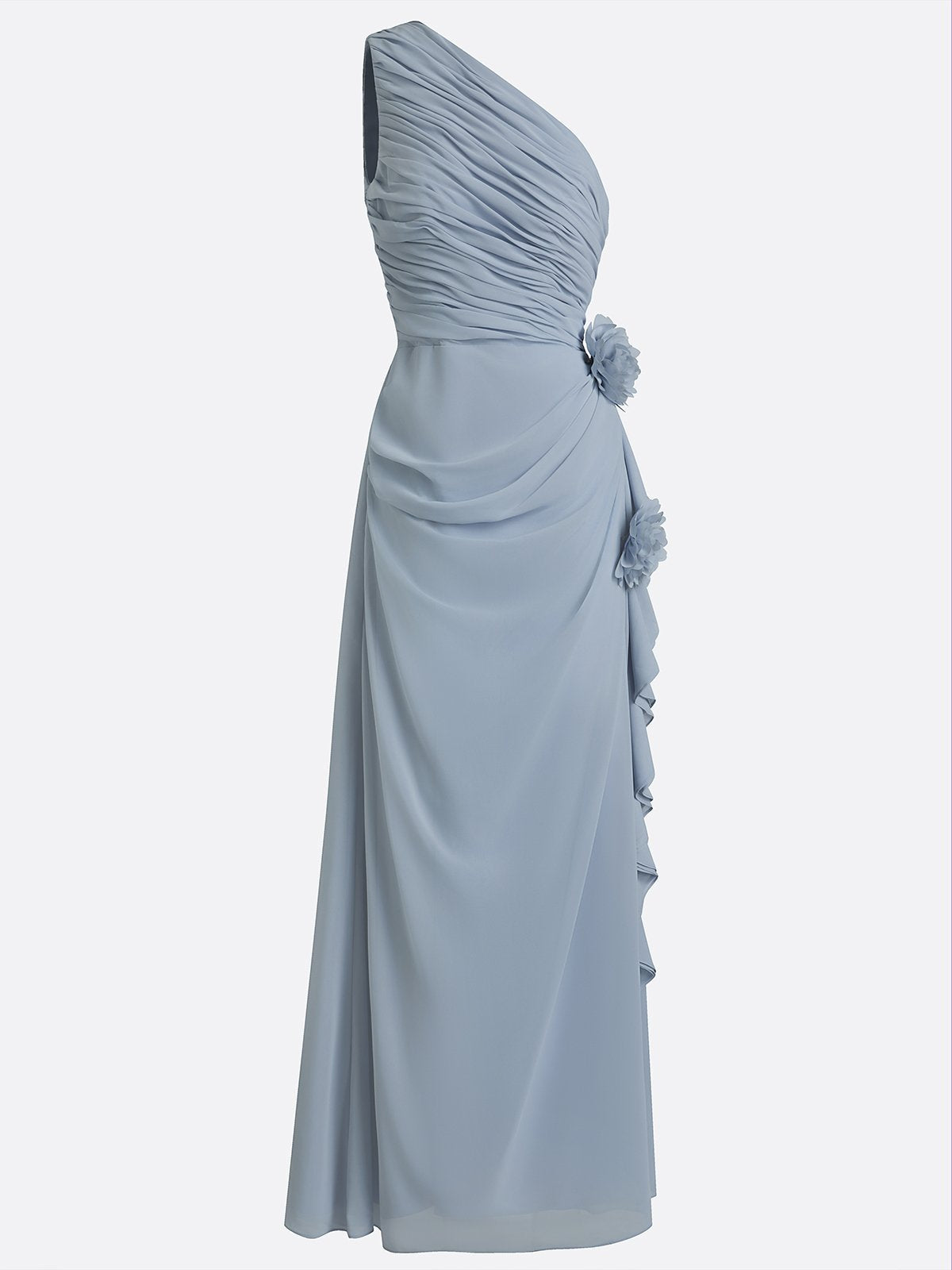 Light Blue 3D Floral Chiffon One Shoulder Sleeveless Sheath Maxi Dress