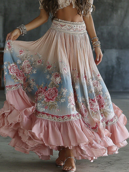 Women's Vintage Spring Floral Embroidered Art Print Flowy Linen Blend Casual Skirt