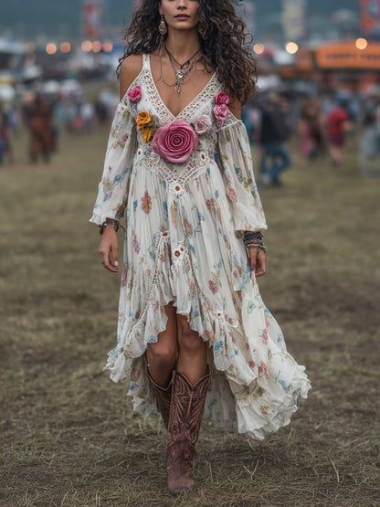 Cotton Floral Bohemian Maxi Dress With 3D Rose Embellishments And Asymmetrical Hem For Festival Wear