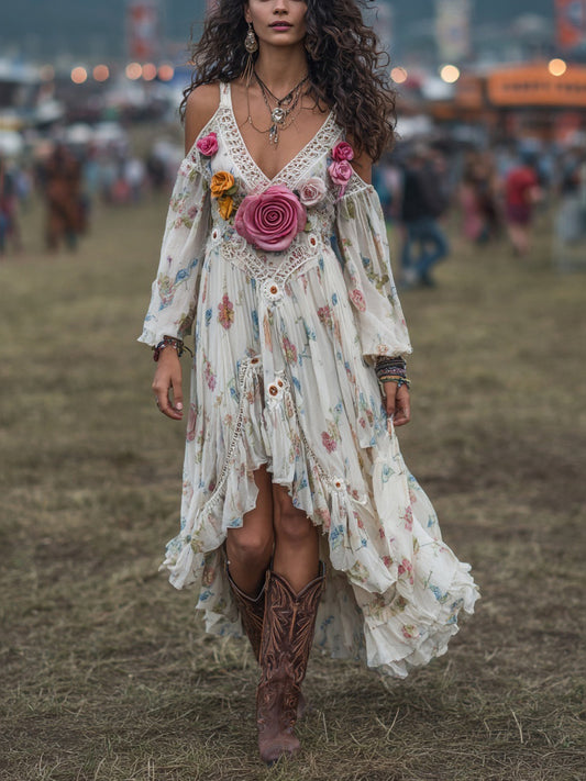 Cotton Floral Bohemian Maxi Dress With 3D Rose Embellishments And Asymmetrical Hem For Festival Wear