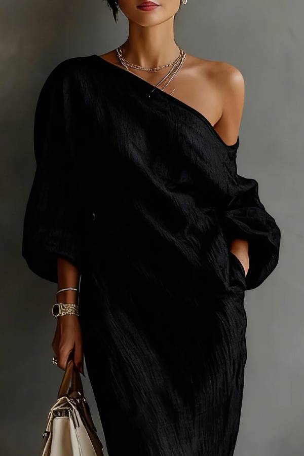Black One-shoulder Flowing Elegant Maxi Dress