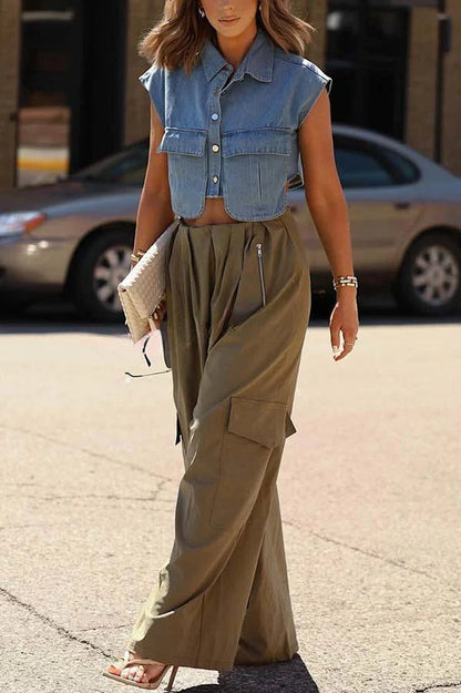 Great Week Pleated Elastic Waist Zipper Pocket Wide Leg Cargo Pants