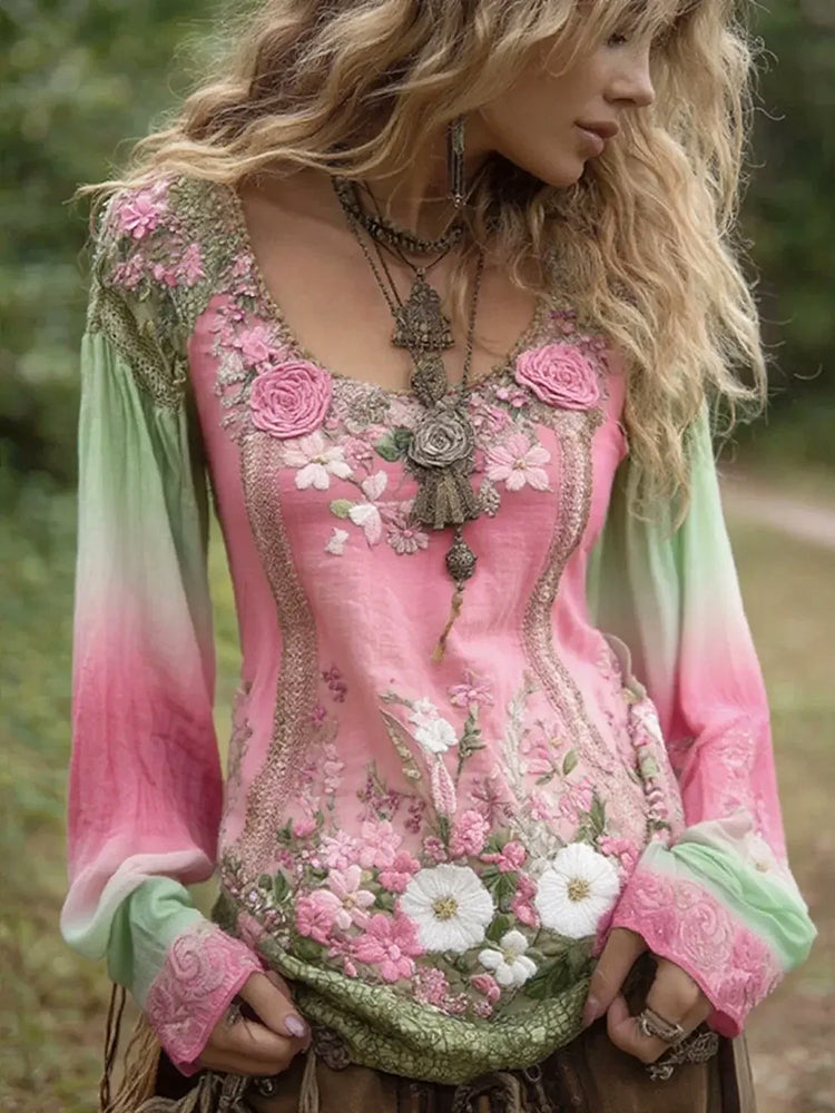 Vintage Purple Lavender And Floral Embroidered Linen Long Sleeve Shirt