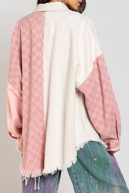 Check Panel Fringe Denim Jacket