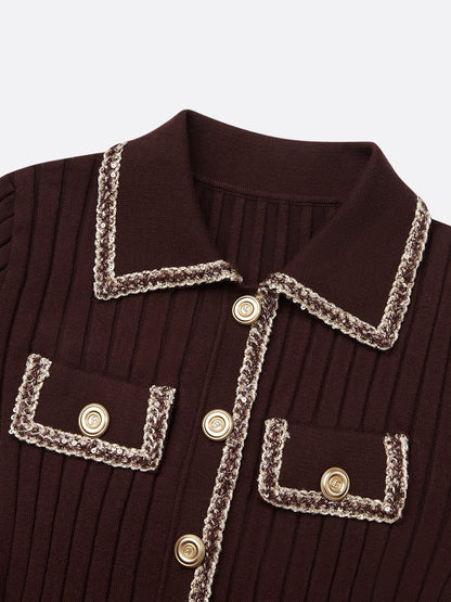 Red Brown Piping Buckle Sweater Lapel Collar Long Sleeve A-Line Midi Dress