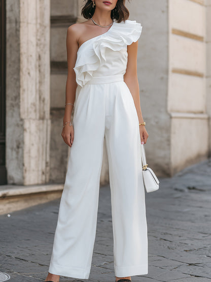 One-Shoulder Ruffle Detail Wide-Leg Jumpsuit