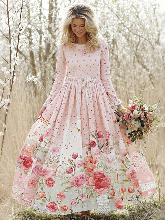 Vintage Floral Art Women's Linen Long Sleeve Maxi Cute Dress