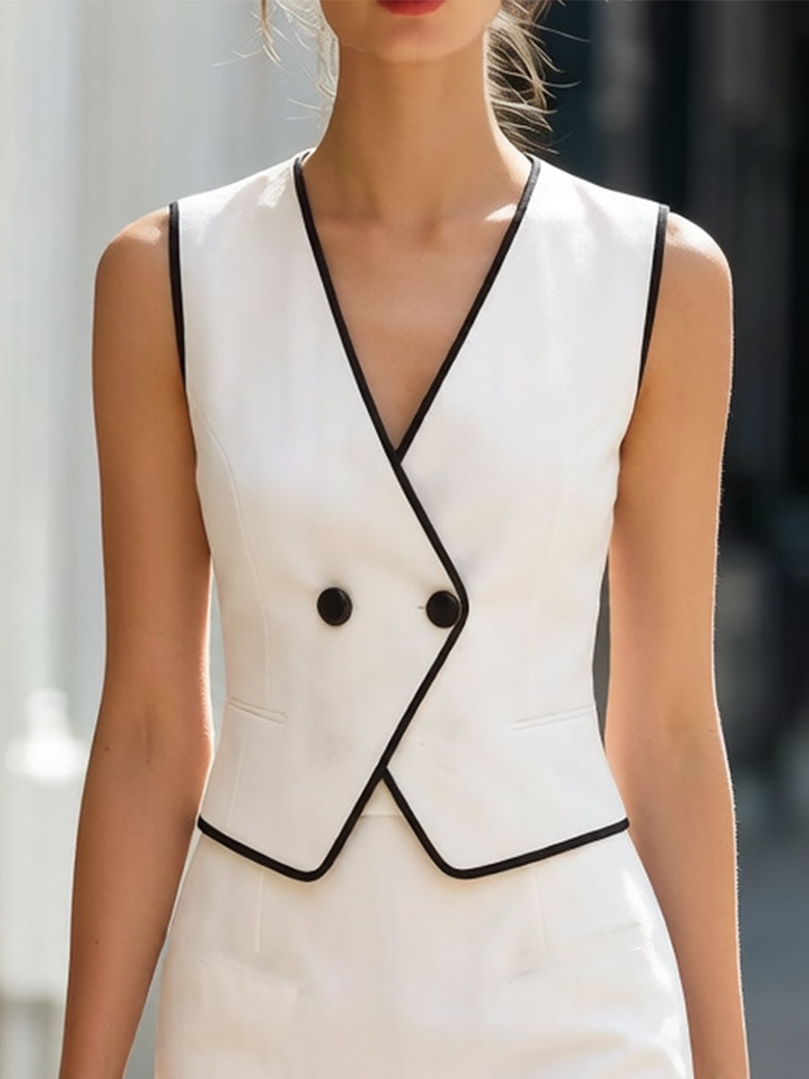 White Black-Trim Double-Breasted Vest & Mini Skirt Two-Piece Suit