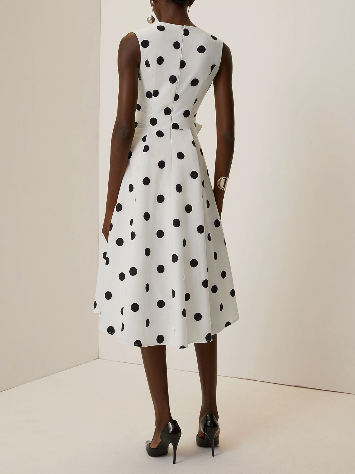 White Polka Dots V Neck Sleeveless A-Line Midi Dress