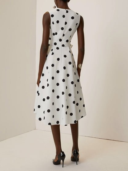 White Polka Dots V Neck Sleeveless A-Line Midi Dress