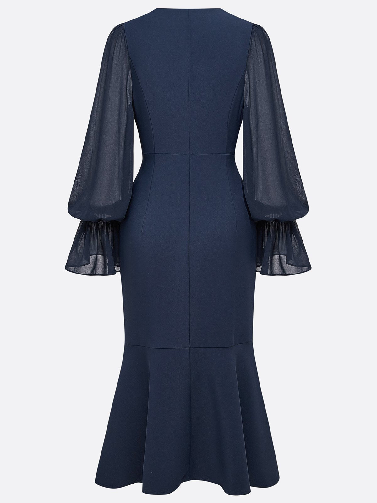 Purplish Blue Buckle Classic V Neck Long Sleeve Bell Sleeve Mermaid Midi Dress