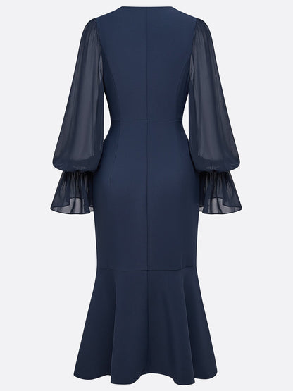 Purplish Blue Buckle Classic V Neck Long Sleeve Bell Sleeve Mermaid Midi Dress
