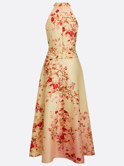 Pale Yellow Floral Classic Halter Mock Neck Sleeveless A-Line Maxi Dress