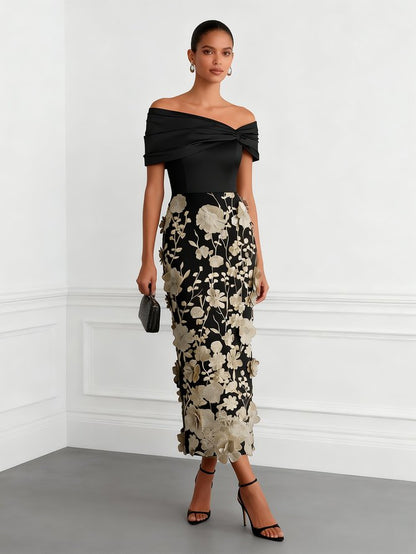 Black 3D Floral Classic Off The Shoulder Short Sleeve Sheath Midi Dress