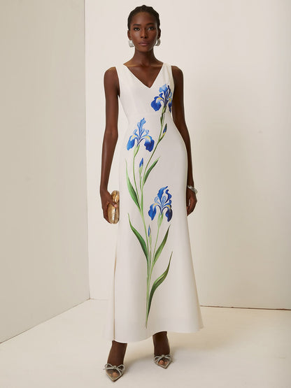 White Floral Classic V Neck Sleeveless A-Line Gown Dress