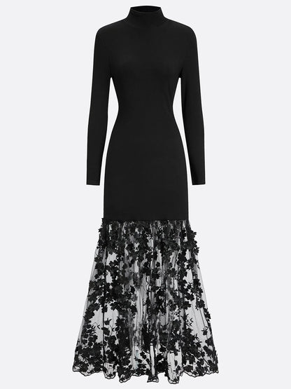 Black Mesh Floral Knit Mock Neck Long Sleeve A-Line Maxi Dress