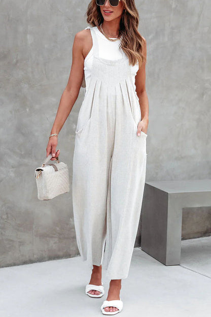 Bonita Linen Blend Pocketed Shoulder Tie Pleated Wide Leg Overalls