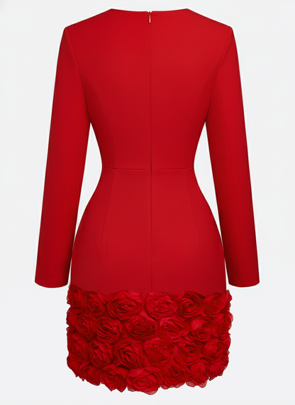 Red 3D Floral Classic V Neck Long Sleeve Sheath Mini Dress