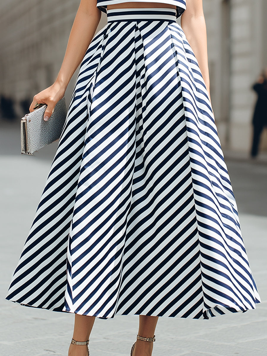 Structured Striped Cropped Top And Pleated A-Line Midi Skirt Set