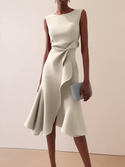 Red Asymmetric Ruffled Classic Boat Neck Sleeveless Midi Elegant A-line Dress with Waist Twist for Day-to-Night