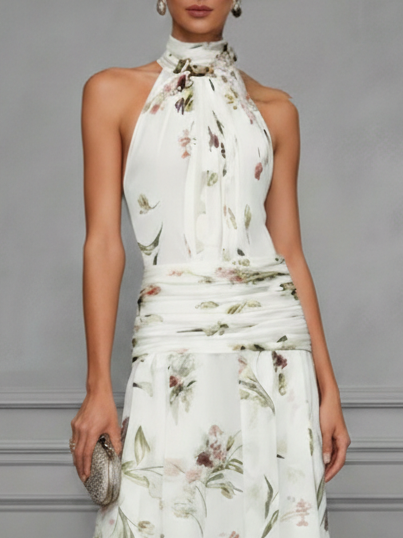 White Ruched Floral Chiffon Halter Neck Sleeveless A-Line Floor-length Gown Dress