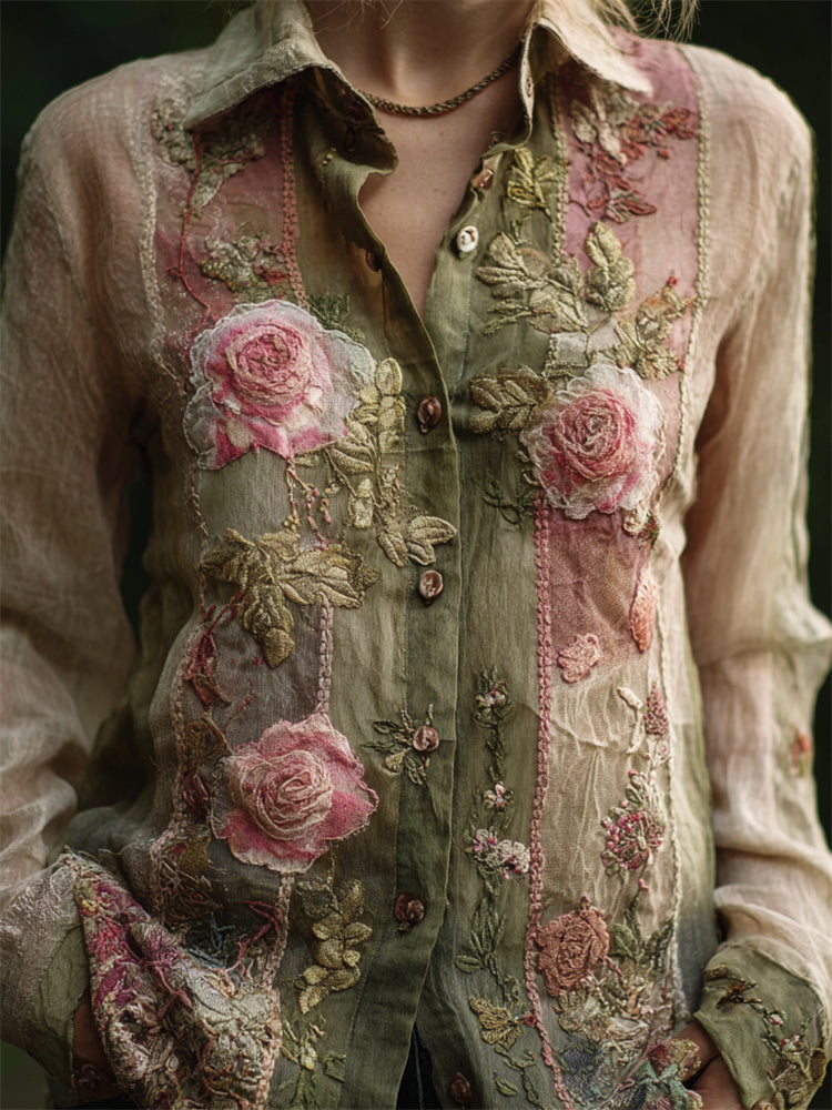 Vintage Pink Roses Embroidered Patchwork Flowy Linen Blouse