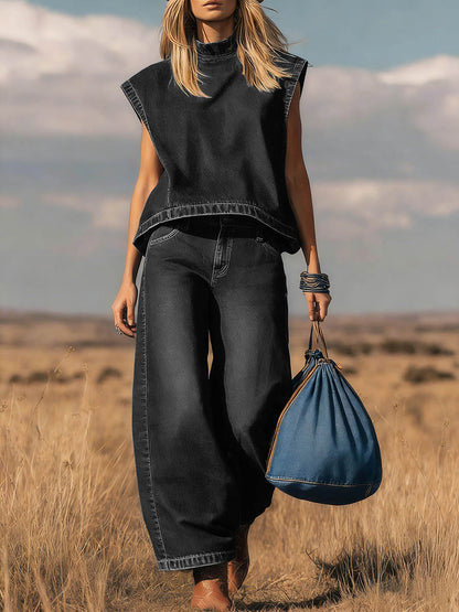 Women's Stand-collar Sleeveless Casual Loose Top And High-waisted Loose Wide-leg Denim Pants Set.