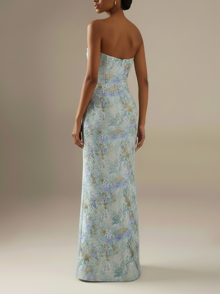 Light Blue Floral Jacquard Satin Strapless Sleeveless Sheath Floor Length Dress