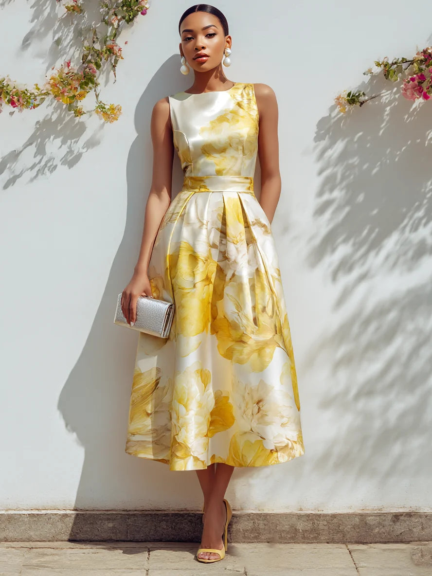 Yellow Floral Satin Boat Neck Sleeveless A-Line Midi Dress
