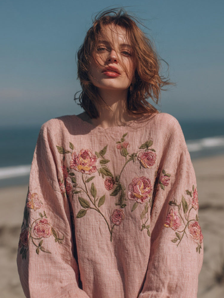 Women's Bohemian Rose Embroidered Round Neck Comfortable Linen Top