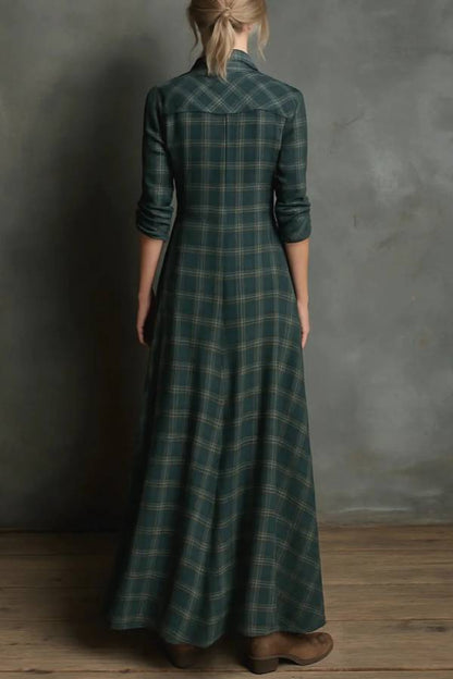 Green Plaid Lapel Single-Breasted Shirt Long Dress