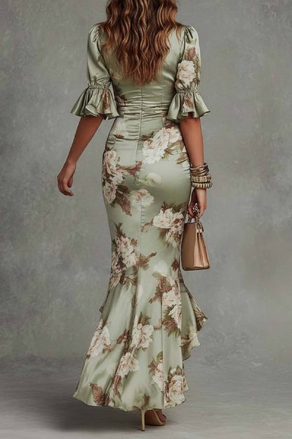 Green Floral Ruffled Bell Sleeve V-neck Satin Asymmetrical Maxi Dress
