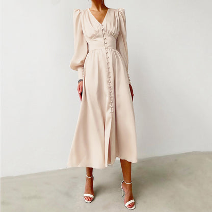 Slim Fit Green V Neck Wrinkled Silk Maxi Dress Puff Sleeve