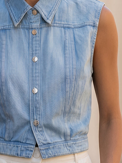 Light Wash Denim Sleeveless Button-Down Vest
