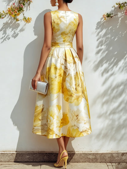 Yellow Floral Satin Boat Neck Sleeveless A-Line Midi Dress