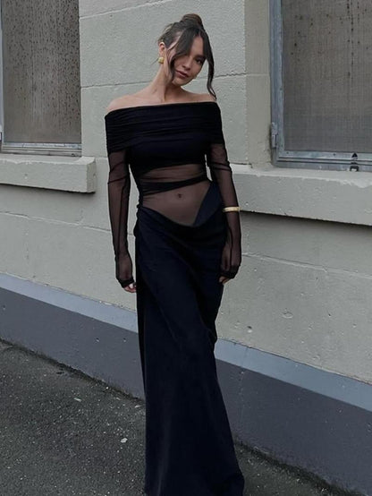 Solid color off-the-shoulder pleated transparent mesh dress