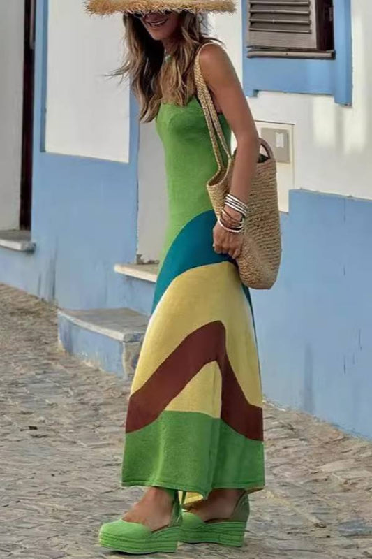 Knit Cami Color-Blocked Wave Panel Maxi Dress