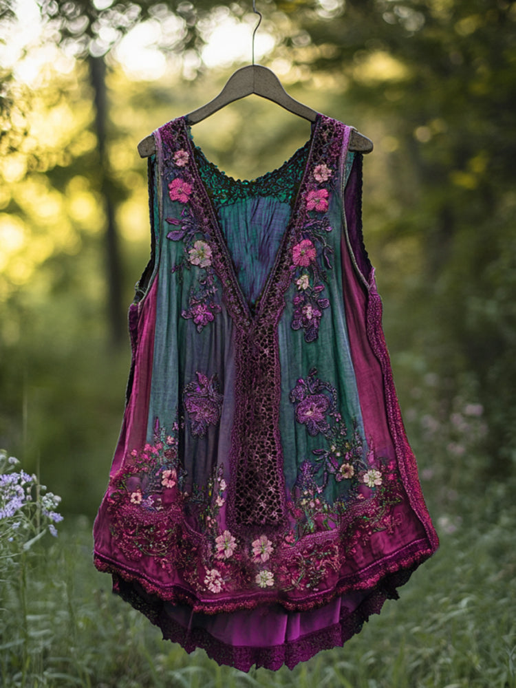 Boho Lavender Lace Art Linen Lace Patchwork Art  Sleeveless Tank Top f8ba