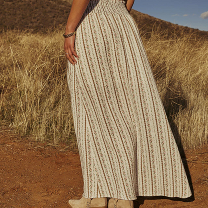 Western Spring Outfits Cotton Blend Floral Stripe Maxi Skirt With Button Front And High Slit For Boho Style